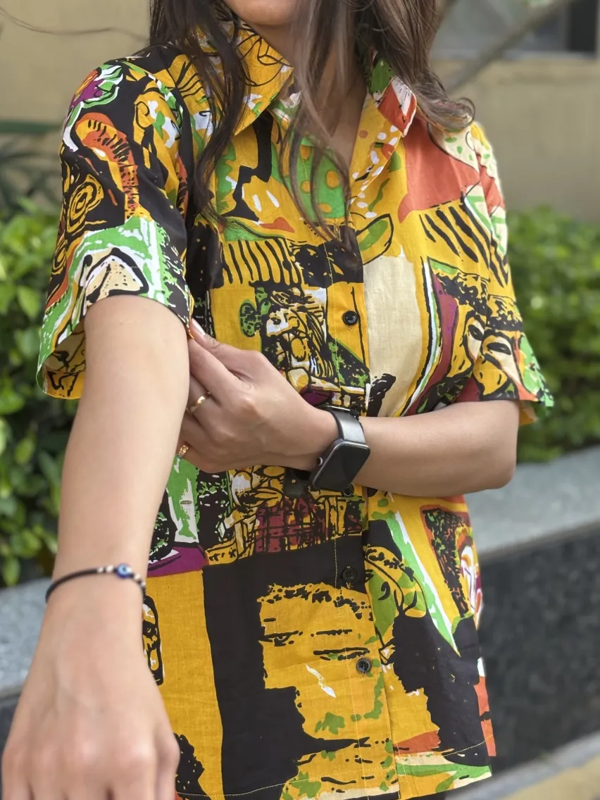 Yellow Canvas Printed Half-sleeved Shirt - Alternative View